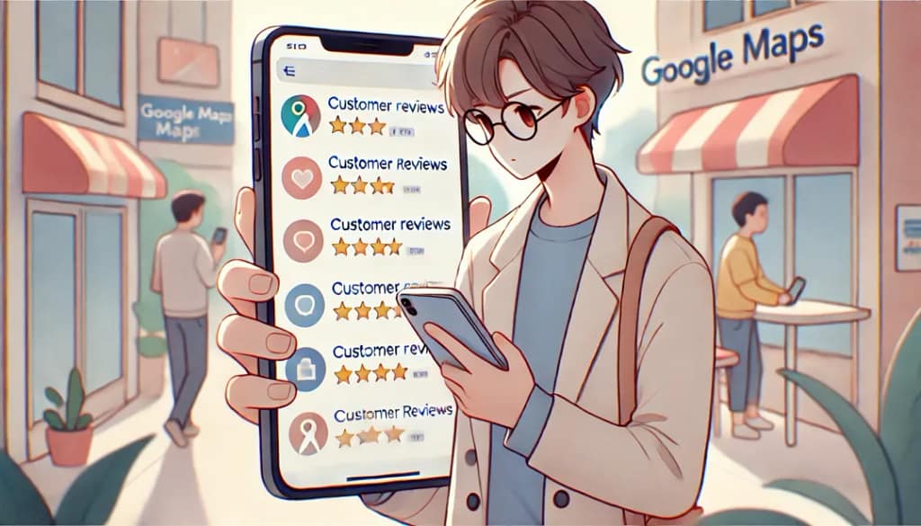 Googleマップの口コミを見てお店を探しているシーン