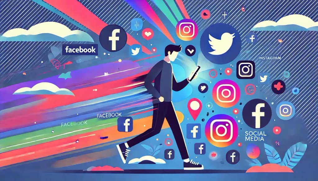各種SNSのアイコン(Facebook, Twitter, Instagram)が飛び交う中で、キャラクターがスマホで投稿している様子。ポップでカラフルな背景がSNSの動きを表現|使えるマーケティングプロンプト