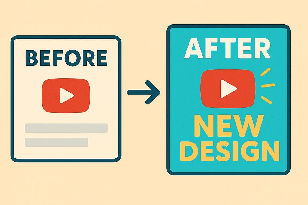 古いYouTube動画のサムネイルが新しいデザインに変わっていく様子をビフォーアフター風に描いたイラスト。