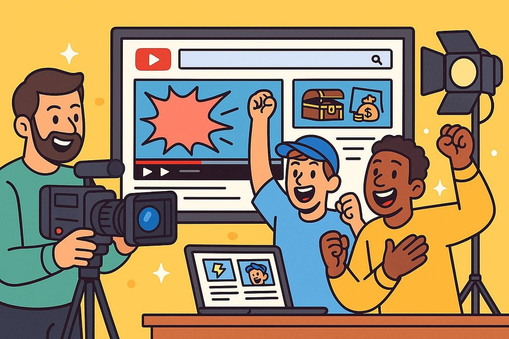 エンタメ系YouTube動画の撮影現場で、カメラマンと出演者が盛り上がっているシーン