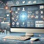 コンピューター画面上に広がるソーシャルメディアアイコンや広告バナー、データ分析グラフが浮かんでいる。背景には、デジタルネットワークを象徴する回路が光っているイメージ｜使えるマーケティングプロンプト