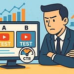 2つのYouTubeサムネイルを比較する画面を前に、真剣な表情で結果を見つめるビジネスマン。