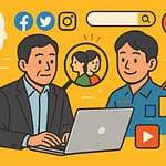 未来を見据える中小企業経営者が、ノートPCでWebマーケティング計画を立てている