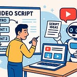 プロのYouTube台本家が大きなホワイトボードに動画構成を書き込み、横で生成AIロボットが台本案を提案している様子