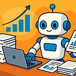 AIロボットがビジネス書類を自動で作成しているシーン。