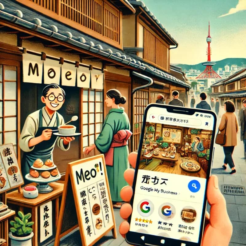 古民家カフェの店先で、笑顔の店主が「MEO対策実施中!」と書かれた看板を掲げている様子が描かれています。スマートフォンの画面にはカフェのGoogleビジネスプロフィールページが表示されており、高評価の口コミや写真、詳細な情報が掲載