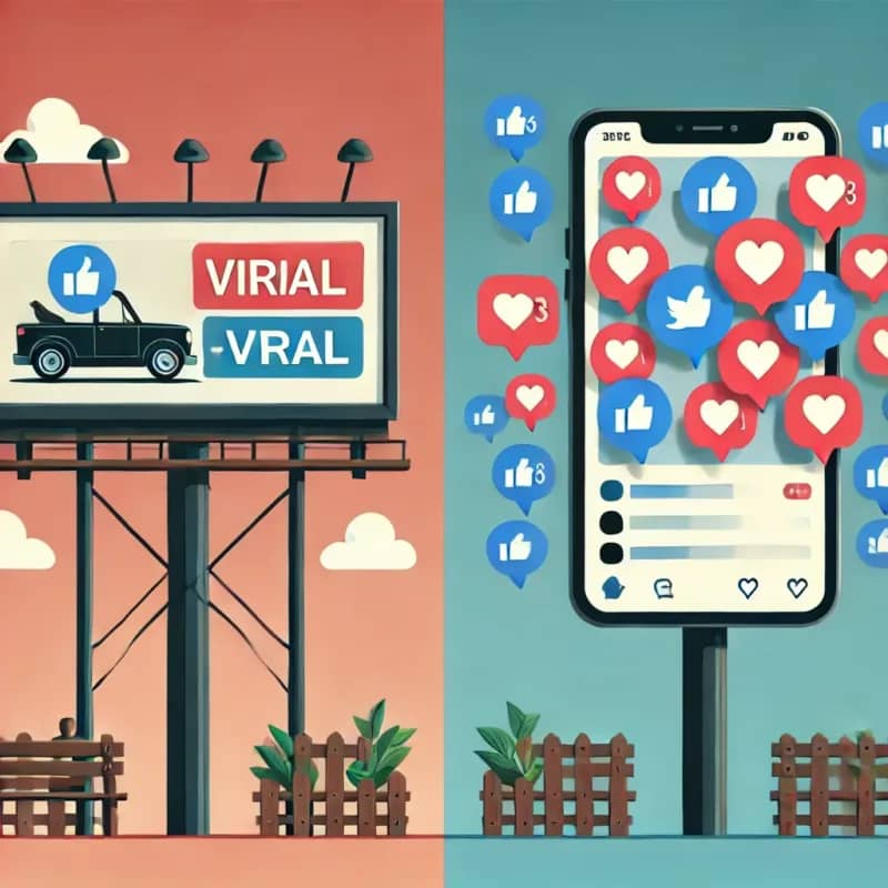 画面が二分割されたイラスト。片側には従来の広告掲示板、もう片側にはスマートフォンの画面上で同じ広告がバイラルになっている様子
